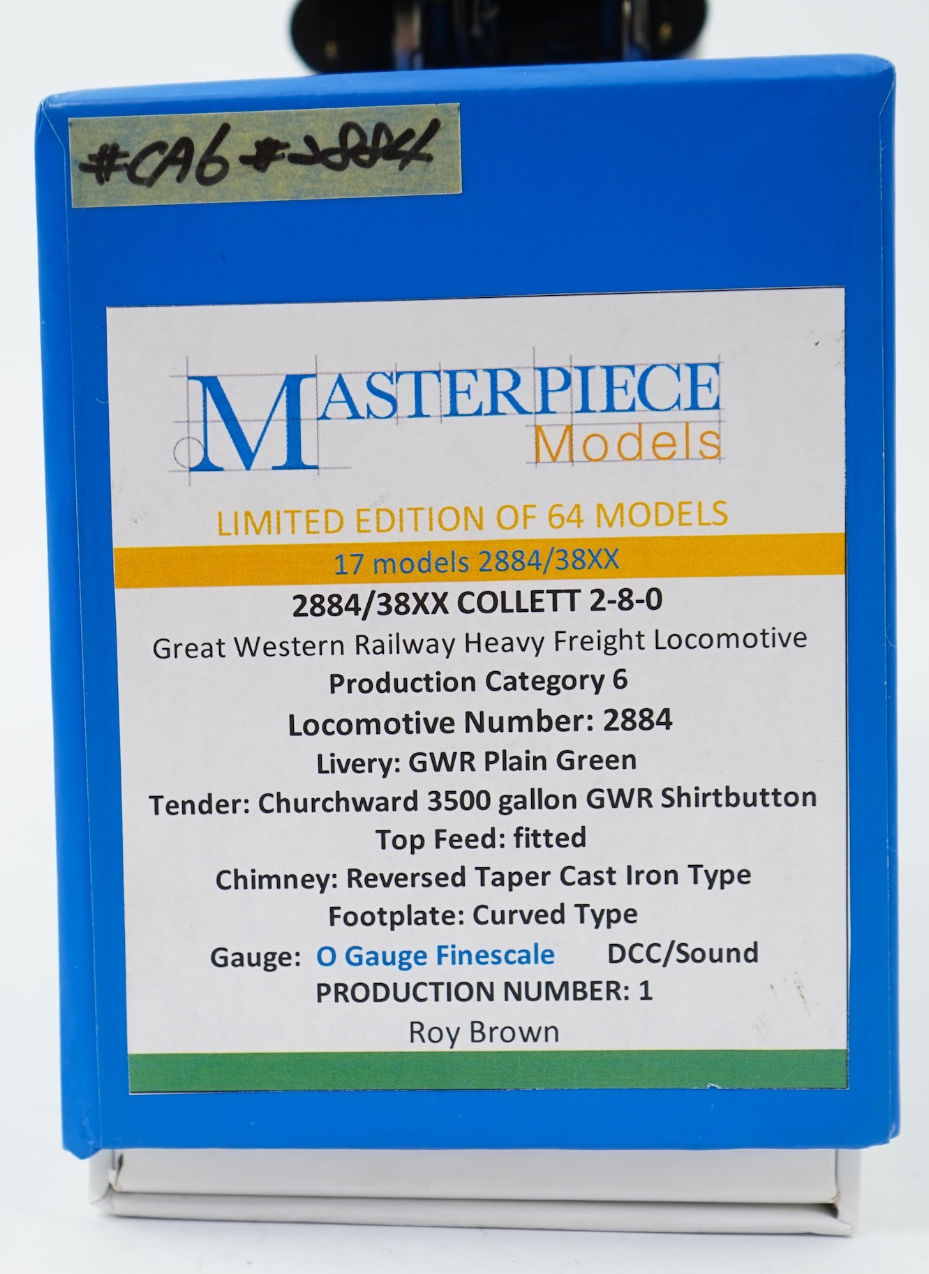 An 0 gauge Masterpiece Models model of GWR Class 28xx, 2884, 2-8-0 tender locomotive, powered for two rail operation, with original box.